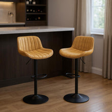 Load image into Gallery viewer, Faux Leather And Steel Swivel Low Back Adjustable Height Bar Chairs With Footrest 42" (Set of 2) - Yellow and Black