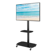 Load image into Gallery viewer, Height And Angle Adjustable Multi-Function Tempered Glass Metal Frame Floor With Lockable Wheels Mobile TV Stand, Lcd / Plasma TV Bracket 2 Tier Tempered Glass Shelves For Multiple Media Devices - Black