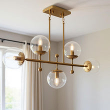 Load image into Gallery viewer, Kitchen Island Five Light Metal Transparent Glass Chandelier With Shades - Brass