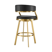 Load image into Gallery viewer, 30" Faux Leather And Stainless Steel Low Back Bar Height Swivel Bar Chair - Black / Gold