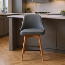 Load image into Gallery viewer, Faux Leather With Solid Wood Swivel Counter Height Bar Chair - Gray And Wood Brown