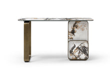 Load image into Gallery viewer, Ceramic Tile Metal Double Pedestal Console Table - White / Bronze