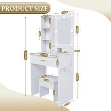 Load image into Gallery viewer, Vanity Table With Mirror, Adjustable LED Lights, Power Outlet, Hairdryer Holder & Stool