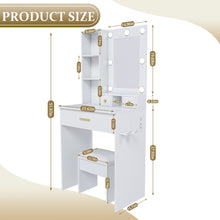 Load image into Gallery viewer, Vanity Table With Mirror, Adjustable LED Lights, Power Outlet, Hairdryer Holder & Stool