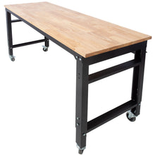 Load image into Gallery viewer, Wide Rolling Workbench For Garage, Adjustable Height, Workshop Tool Bench, Metal With Rubber Wood Top