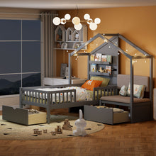 Load image into Gallery viewer, House Bed With Upholstered Sofa, Wireless Charging Station, Shelves And 2 Drawers