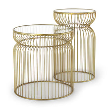 Load image into Gallery viewer, Tempered Glass Metal Wire Round Drum End Tables (Set of 2) - Clear / Gold