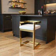 Load image into Gallery viewer, 26" Metal And Velvet Low Back Counter Height Bar Chair - Gold / Gray