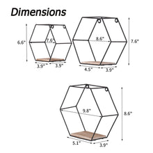 Load image into Gallery viewer, Wall Mounted Hexagonal Floating Shelves - Black (Set of 3) In Different Sizes, Modern Metal Wall Shelf, Simple Wood Partition Storage Shelves, Wall Decor Rack - Natural Wood