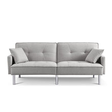 Load image into Gallery viewer, Polyester Blend Convertible Futon Sleeper Sofa And Toss Pillows With Silver Legs - Light Gray