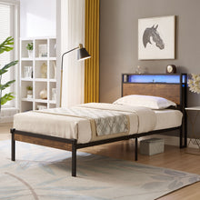 Load image into Gallery viewer, Twin Size Platform Bed Frame, LED Lights With Remote Control, USB Charging Port, Large Under Bed Storage - Black / Brown