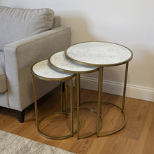 Load image into Gallery viewer, Marble And Iron Round Frame Nested Tables (Set of 3) - Antiqued Gold