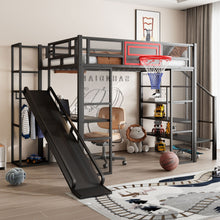 Load image into Gallery viewer, Loft Bed With Built In Desk, Open Wardrobe, Basketball Hoop, Slide And Staircase