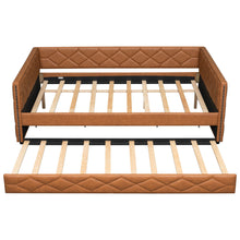 Load image into Gallery viewer, Upholstered Full Long Daybed With Trundle And LED Armrests - Brown