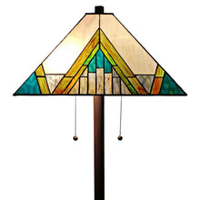 Load image into Gallery viewer, Two Light Traditional Shaped Floor Lamp With Beige Green And Blue Geometric Stained Glass Empire Shade - Brown
