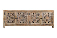 Load image into Gallery viewer, 86" Carved Floral Distressed Solid Wood Enclosed Storage TV Stand - Natural