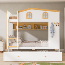 Load image into Gallery viewer, Bunk Bed With House Shaped Guardrails, Storage Shelves, And Trundle