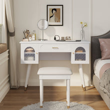 Load image into Gallery viewer, Elegant Vanity Makeup Table & Chair Set Modern Dressing Table With Organizer Writing Desk Charging Port Engineered Wood - White