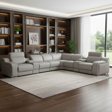 Load image into Gallery viewer, Italian Leather Power Reclining Curved 8 Piece Corner Sectional With Console - Light Gray
