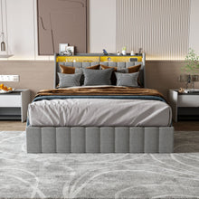 Load image into Gallery viewer, Queen Size Bed Frame With LED Lighting, Winged Headboard With Storage Drawers - Light Gray