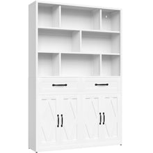 Load image into Gallery viewer, Bookcase Tall With 2 Doors & 2 Drawers, Fixed Open Shelves - White