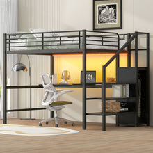 Load image into Gallery viewer, Full Size Loft Bed With Desk, Storage Staircase, Small Wardrobe And LED Light - Black