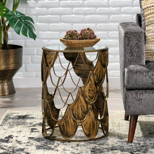 Load image into Gallery viewer, Boho Glam Pino Side Table With Fish Scale Design Tempered Glass Top - Brown