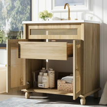 Load image into Gallery viewer, Bathroom Vanity With Handwoven Rattan Doors, Resin Basin - Natural Wood