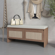 Load image into Gallery viewer, Storage Bench With Cushion, Shoe Cabinet With 2 Doors - Antique Natural / Rattan