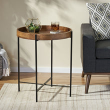 Load image into Gallery viewer, Modern Industrial Round End Table With Tray Top And Foldable Iron Legs - Natural