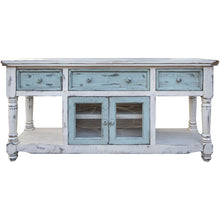 Load image into Gallery viewer, Open Shelving Distressed TV Stand - Blue / White