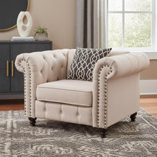Load image into Gallery viewer, Linen And Black Tufted Chesterfield Chair - Beige
