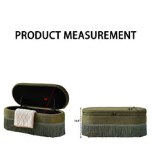 Load image into Gallery viewer, Oval Upholstered Storage Ottoman With Fringe Trim & Lift Top Lid