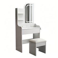 Load image into Gallery viewer, Fashion Vanity Desk With Mirror And Lights For Makeup, Hair Dryer Holder And Chair, Adjustable Lighting - White