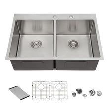 Load image into Gallery viewer, Modern Farmhouse Double Bowl Drop In Sink With 50 / 50 Split Design Stainless Steel - Brushed Nickel