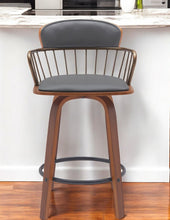 Load image into Gallery viewer, Faux Leather Swivel Low Back Counter Height Bar Chair - Gray And Wood Brown