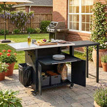 Load image into Gallery viewer, Foldable Outdoor Prep Station BBQ Cart With Trash Rack