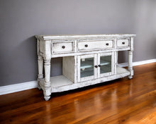Load image into Gallery viewer, Solid Wood Open Shelving Distressed TV Stand - White