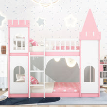 Load image into Gallery viewer, Twin Over Twin Castle Bunk Bed With Ladder - Pink