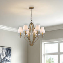 Load image into Gallery viewer, Candle Style Six Light Metal And Crystals Dimmable Chandelier With White Shades - Gold / White
