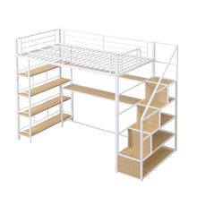 Load image into Gallery viewer, Twin Size Loft Bed With Built In Desk, Staircase Storage & 4 Tier Shelves - White