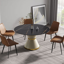 Load image into Gallery viewer, 53.15" Modern Artificial Stone Round Carbon Steel Base Dining Table, Can Accommodate 6 People - Black / White