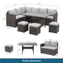 Load image into Gallery viewer, 7 Piece All Weather Patio Dining Set With Cushions, Sectional Sofa, Ottomans & Table For Backyard - Gray / Brown