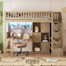 Load image into Gallery viewer, Loft Bed With Built In L Shaped Desk, LED Lights, Storage Shelves, Cabinets, And Staircase