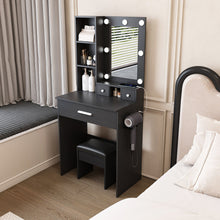 Load image into Gallery viewer, Vanity Table With Mirror, Adjustable LED Lights, Power Outlet, Hairdryer Holder & Stool