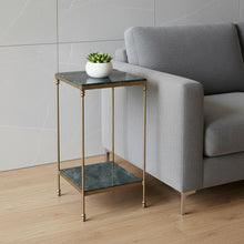 Load image into Gallery viewer, 24" Marble And Iron Square End Table With Shelf - Green And Gold