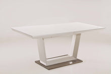 Load image into Gallery viewer, 71" Wood And Metal Self-Storing Leaf Pedestal Base Extendable Dining Table - White