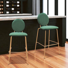 Load image into Gallery viewer, 30" Velvet And Steel Bar Height Bar Chairs (Set of 2) - Green / Gold