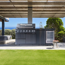 Load image into Gallery viewer, 6 Burner 85, 000 Btu Outdoor Kitchen Island Grill With Wine Cooler Refrigerator, Rotisserie Kit, Granite Countertops & Sink - Black