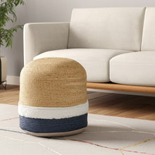 Load image into Gallery viewer, 18" Jute Blend Cylinder Striped Pouf Ottoman - Natural And Navy Blue